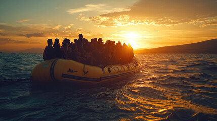 Migrants on the boat in the sea, forced displacement, rescue, refugees, evacuation by water transport