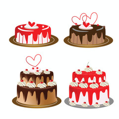 Cake design set for birthday, anniversary, wedding, valentine`s, bridal shower celebration vector illustration
