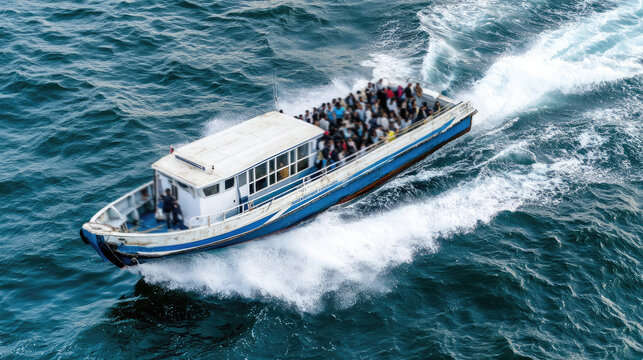 Migrants on the boat in the sea, forced displacement, rescue, refugees, evacuation by water transport
