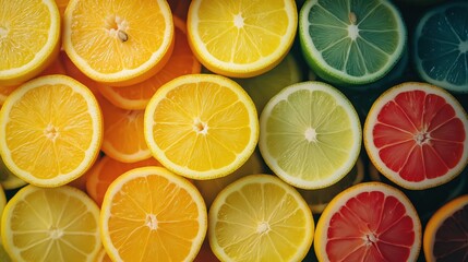 Vibrant Arrangement of Sliced Citrus Fruit in Symmetrical Patterns Showcasing Fresh Colors and Textures