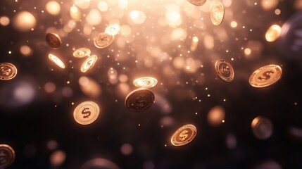 A mesmerizing scene of floating coins illuminated by light, evoking feelings of wealth and abundance.