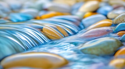 Fototapeta premium Captivating Flow of Water Over Vibrant Pebbles in a Serene Setting During Golden Hour