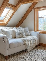 Fototapeta premium Cozy living room with natural light and rustic decor in a mountain retreat