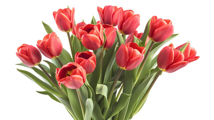 Obraz premium A vibrant red tulip bouquet isolated on a white background, showcasing bold colors and natural beauty, ideal for floral designs, spring themes, and decorative projects