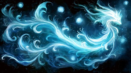 Obraz premium Celestial Blue Dragon Fantasy Art Abstract Swirls Glowing Creature