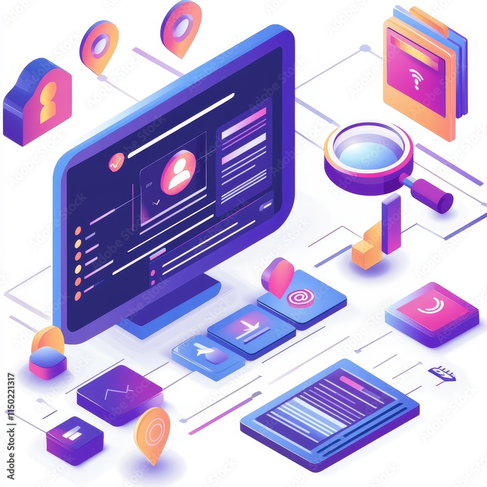 Poster digital workspace showcasing a modern computer interface with various applications and icons related