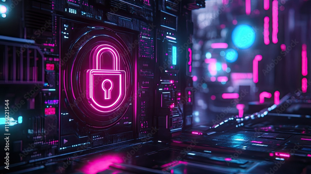 Aufkleber futuristic synthwave-themed image with a glowing padlock symbolizing two-factor authentication and d