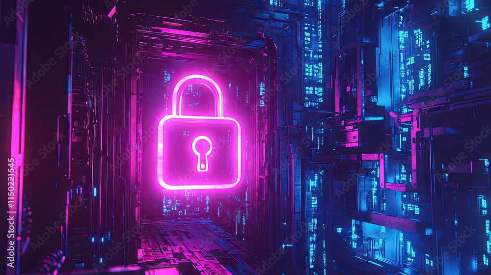 Aufkleber futuristic synthwave-themed image with a glowing padlock symbolizing two-factor authentication and d