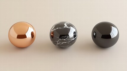 Three Metallic Spheres Copper, Marble, and Black