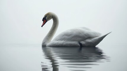 Fototapeta premium Elegant swan gliding silently through a misty, reflective lake.