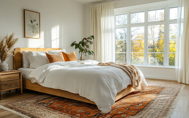 Cozy bedroom with natural light and autumn view from large windows