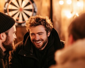 Obraz premium A group of friends enjoying a lively conversation in a cozy setting, with one man laughing and a dartboard visible in the background.