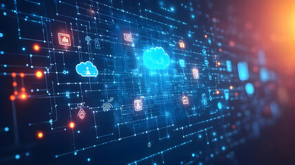 Obraz premium Soft Abstract Digital Art of Icons and Symbols for Digital Transformation with Copy Space for Text or Branding