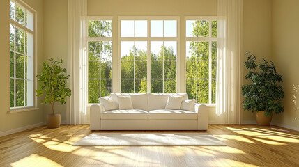 Fototapeta premium Bright and airy living room with large windows overlooking a lush green landscape