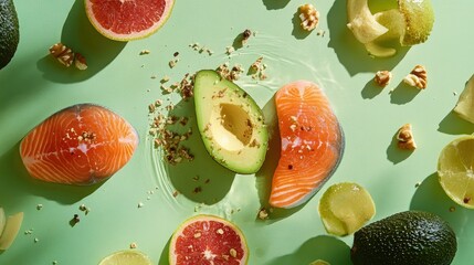 Healthy keto diet ingredients, such as avocado, salmon, and nuts, displayed creatively on a bright green surface.