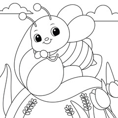 Cute kawaii cartoon character bee lying on the flower coloring page for kids