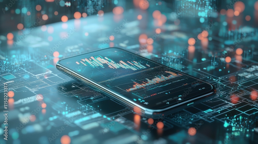 Wall mural smartphone displaying digital data and analytics on a futuristic desk.