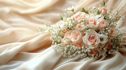 Elegant bouquet of pink and white roses resting on a soft satin fabric