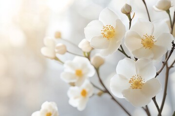 Fototapeta premium White flowering branches showcasing delicate blooms in soft sunlight