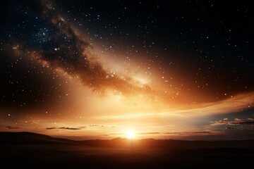 Naklejka premium Stunning sunrise illuminates the galaxy with vibrant colors over a serene landscape at dawn