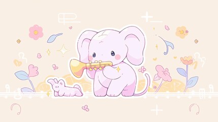 Adorable Elephant Plays Trumpet in Pastel Flower Garden Illustration