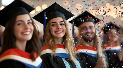 Graduates celebrating with confetti in plain hall copy space on right concept as Graduates joyously celebrating with colorful confetti in a plain hall capturing the festive atmosphere and academic ach