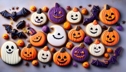 Generated image A vibrant assortment of Halloween-themed cookies shaped like pumpkins, bats, and ghosts