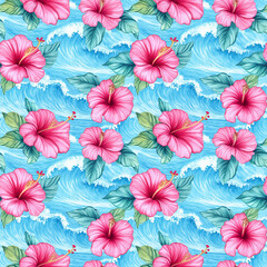 Vibrant summer watercolor seamless pattern of hibiscus flowers and ocean waves tropical vibe artistic design