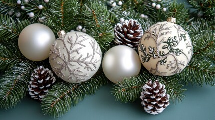 New Year Christmas tree toy, branches of a christmas tree, New Year decorations on a colored background.