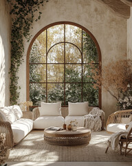 Fototapeta premium Cozy living room with large windows showcasing autumn foliage