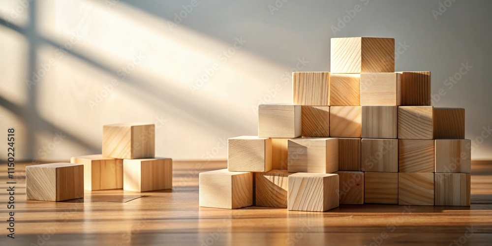 Poster wooden blocks arranged in two stacks on a table, illuminated by sunlight