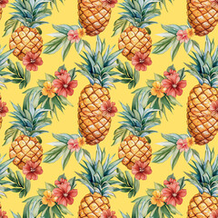 Summer seamless pattern with watercolor pineapples and tropical flowers on yellow background