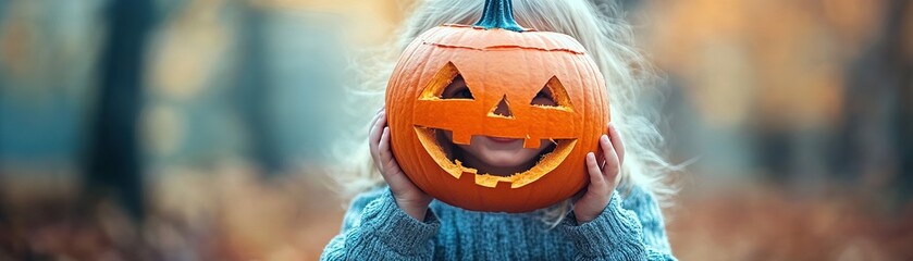 Child holding a smiling pumpkin autumn park photography outdoor close-up halloween spirit