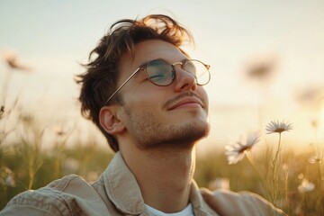Young man enjoys tranquility in a field of wildflowers during sunset, embracing nature's beauty and warmth