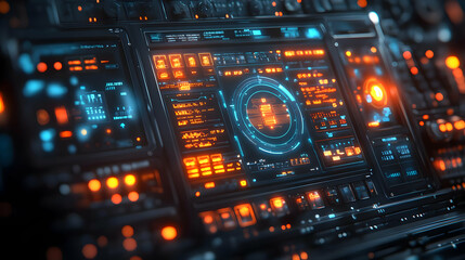 Obraz premium AI Assisted Manufacturing Control Panel Glossy Background with Digital Interfaces and Holographic Elements