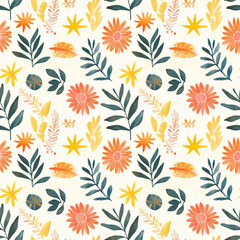 Obraz premium Summer seamless pattern watercolor design featuring colorful florals and leaves on light background