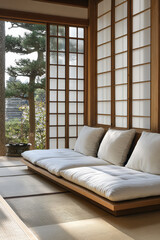 Fototapeta premium Relaxing in a serene Japanese-style room with natural light and minimalist design