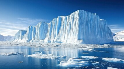 Vast Iceberg Surrounded by Calm Waters and Clear Blue Sky in a Stunning Polar Landscape, Capturing the Beauty and Serenity of Nature's Frozen Formations