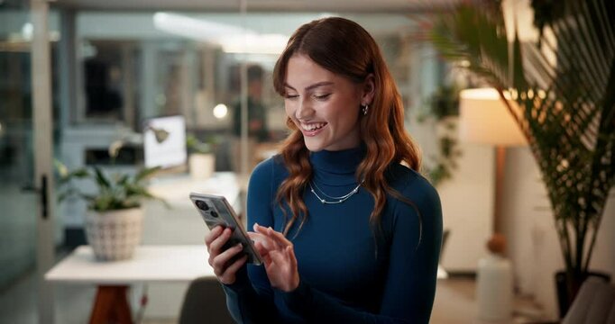 Business woman, smartphone and laugh for news, network and connection with online in financial agency. Female person, mobile tech and accountant for reading, email and internet for investment banking