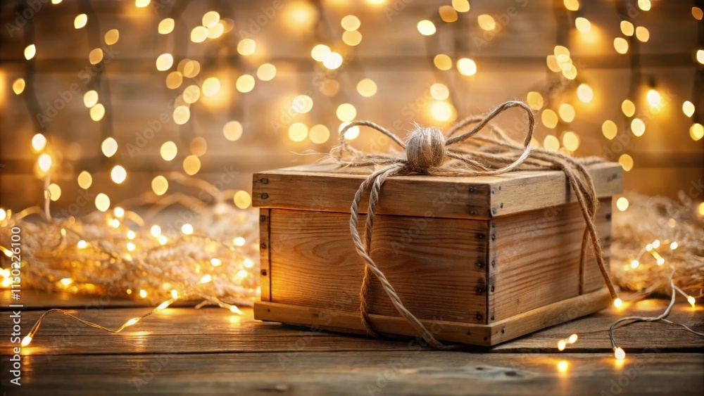 Poster rustic wooden gift box adorned with twine, illuminated by warm string lights on a wooden surface