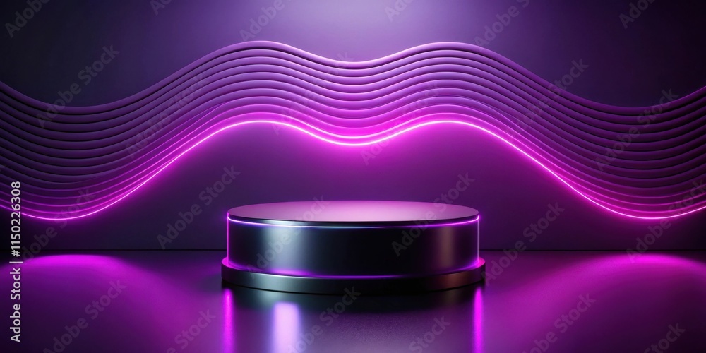 Poster Abstract Cylindrical Display Platform with Purple Neon Lights and Wave Pattern Background