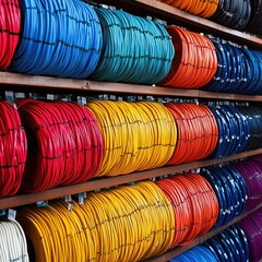Vibrant cable organization workshop product display indoor close-up colorful electrical supplies