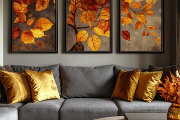 A warm and cozy living room with autumn-themed wall art above the sof displaying rich