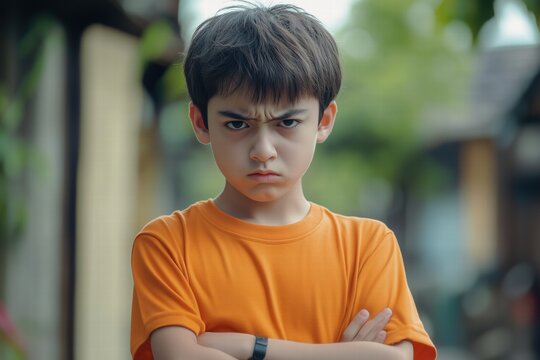 A young boy with a serious expression, wearing an orange t-shirt, stands with arms crossed. He appears frustrated or angry, set against a blurred outdoor background.