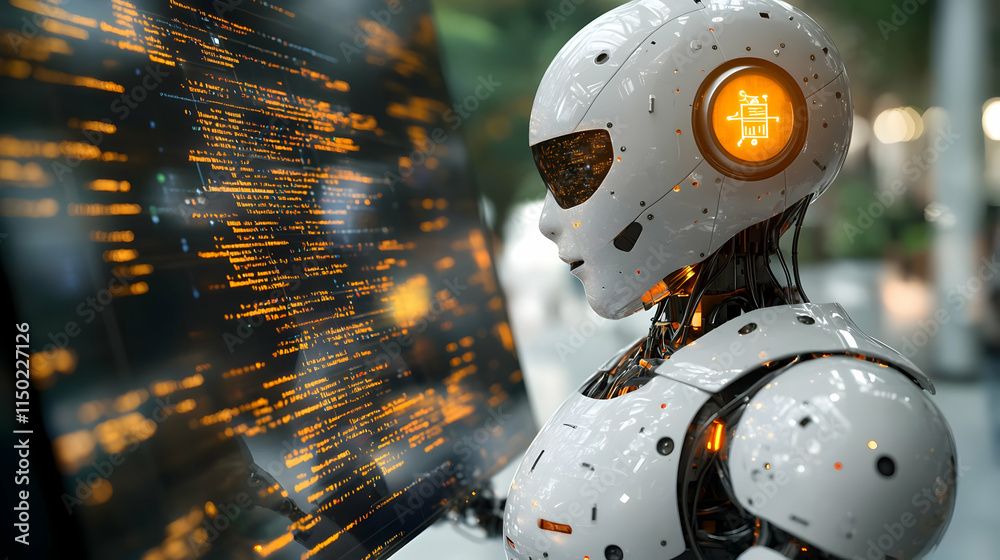 Wall mural human robot collaboration coding digital screen abstract art bokeh copy space stock photo concept
