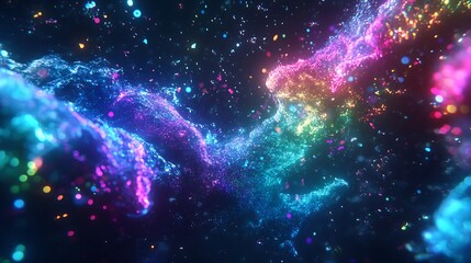 A futuristic abstract background with flowing, colorful ink dispersions in water. The ink glows with neon hues of blue, purple, and green, blending seamlessly with a sleek, dark background.