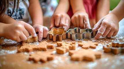 Macro Family Hands Creating Biscuit Shapes with Cutters in Dough - Baking Fun and Creativity in Kitchen