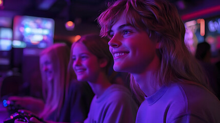 Joyful Family Playing Video Games Together with Smiles and Interactions, Ample Copy Space on Left for Text or Branding
