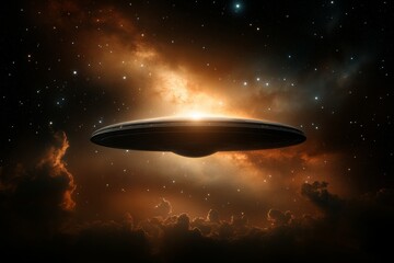 Obraz premium Unidentified flying object hovers over a colorful cosmic scene during twilight with glowing clouds