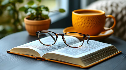 Fototapeta premium Serene Open Book and Glasses on Plain Background with Copy Space for Knowledge and Remote Work